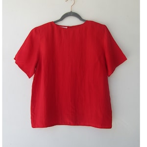 90s Officecore Red Silk Blouse | Keyhole Back Academia Style Red Top | Short Sleeve Silk Shirt | 90s Business Casual Top | Samll