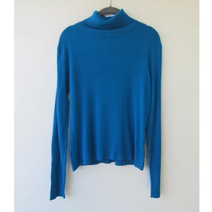 90s Turquoise Long Sleeve Turtleneck Pullover Ribbed Knit Sweater | Blue Rollneck Sweater Top Shirt | Large