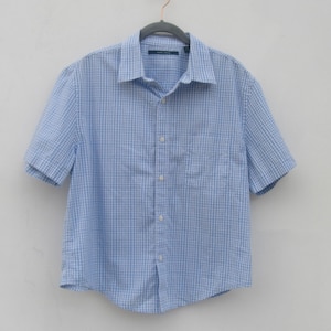 90s Perry Ellis Kariertes Baumwoll Top: Blaue Kurzarm Bluse