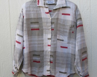 80s Plaid Cotton Blouse: Women's Button-Front Shirt