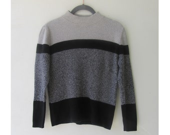 90s Striped Cotton Pullover Sweater: Petite Medium Ribbed Mockneck