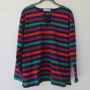 90&#39;s Striped Long Sleeve Lace Up Knit Tee | 90&#39;s T-Shirt | Vintage Top | Long Sleeve Knit Shirt | Pullover Tee | Striped Top