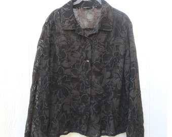 Doorschijnende zwarte burnout-top jaren 90 met bloemen: ton-sur-ton blouse, medium