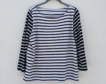 90s Black and White Striped Long Sleeve Tee - 100% Cotton Medium