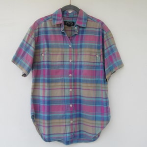 80er Jahre Pink kariertes Baumwoll Top: Kurzarm Bluse, Grösse Medium