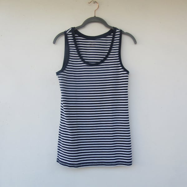 90s Navy Blue & White Striped Stretch Tank Top Tee  | Tank Top | 90's Tee | Striped Tank Top | Medium Tank Top