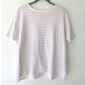 90&#39;s Beige & White Striped Short Sleeve Tee | Striped Tee Shirt | Short Sleeve Tee | Pullover Tee |  XL Striped Top