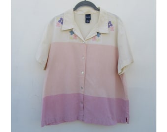 90s Embroidered Cotton Top: Ivory & Pink Floral Blouse, XL Cottagecore