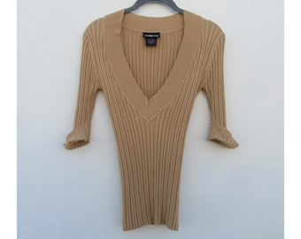 90's Long Sleeve V-Neck Ribbed Knit Sweater |  Stretch Sweater | V-Neck Sweater | Medium Sweater