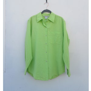 00&#39;s Lime Green 100% Cotton Button Down Blouse | Long Sleeve Button Front Shirt | 90&#39;s Button Up Boxy Oversized Fit Overshirt | Small