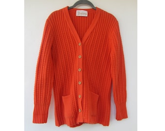 80's Orange long Sleeve Front Pockets Cardigan Cable Knit Sweater | Button Front Sweater | Jantzen | 80s Sweater | Small Cardigan