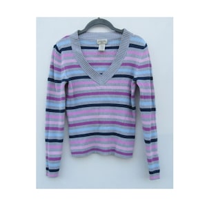 80's Long Sleeve Striped V-Neck Ribbed Sweater |  80's Sweater | V-Neck Jumper | Striped Sweater | Striped Top | Petite Sweater