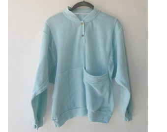 Camiseta Henley de polar azul menta de los años 90: mezcla de algodón, talla grande