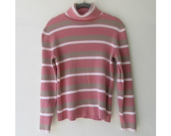Maglione a collo alto a righe anni '90: misto cotone a coste, taglia piccola e grande