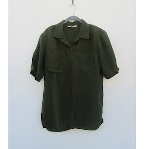 90s Kelp Green Short Sleeve Silk Top | Silk Top | Pleated Blouse | 100% Silk Blouse | Medium Silk Shirt