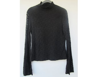 Vintage 80s Black Sheer Lace Top: Long Sleeve Blouse, Small