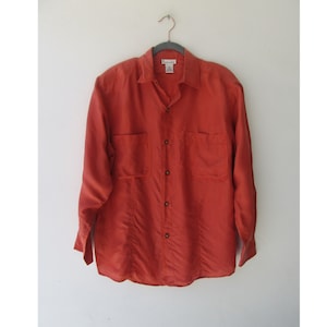 90s Coral Silk Long Sleeve Top: Vintage Blouse, Size Small