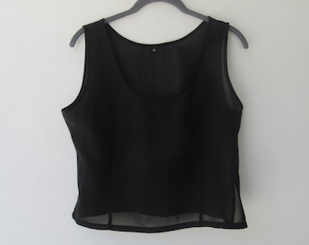 90s Black Sheer Cropped Tank Top: Silky Sleeveless Blouse (XL)