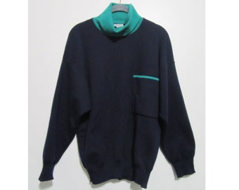 80's  Navy Blue & Turquoise Long Sleeve Turtleneck Pullover Ribbed Knit Sweater |  Ribbed Sweater | Knit Sweater | Pullover | 80's Sweater