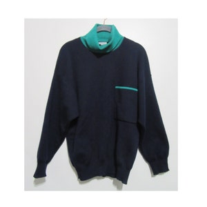 80&#39;s  Navy Blue & Turquoise Long Sleeve Turtleneck Pullover Ribbed Knit Sweater |  Ribbed Sweater | Knit Jumper | Pullover Top
