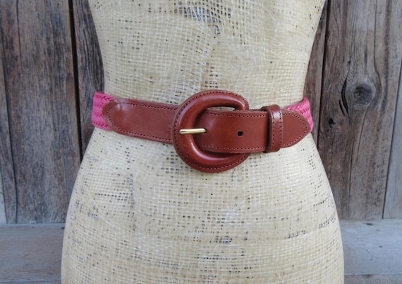 80s Pink Woven Fabric & Leather Skinny Belt: Covered Buckle, Size Large