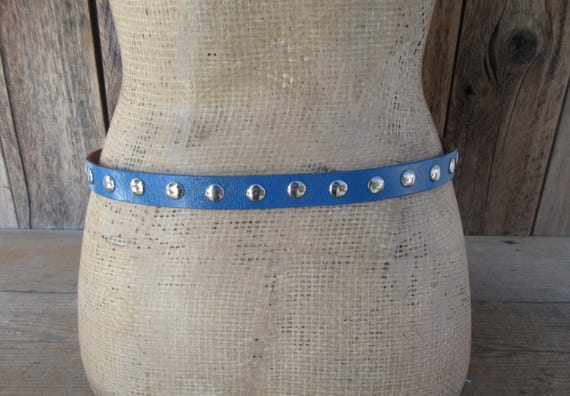 80s Blue Studded Skinny Leather Belt - 34 Inch - Etsy display picture 3