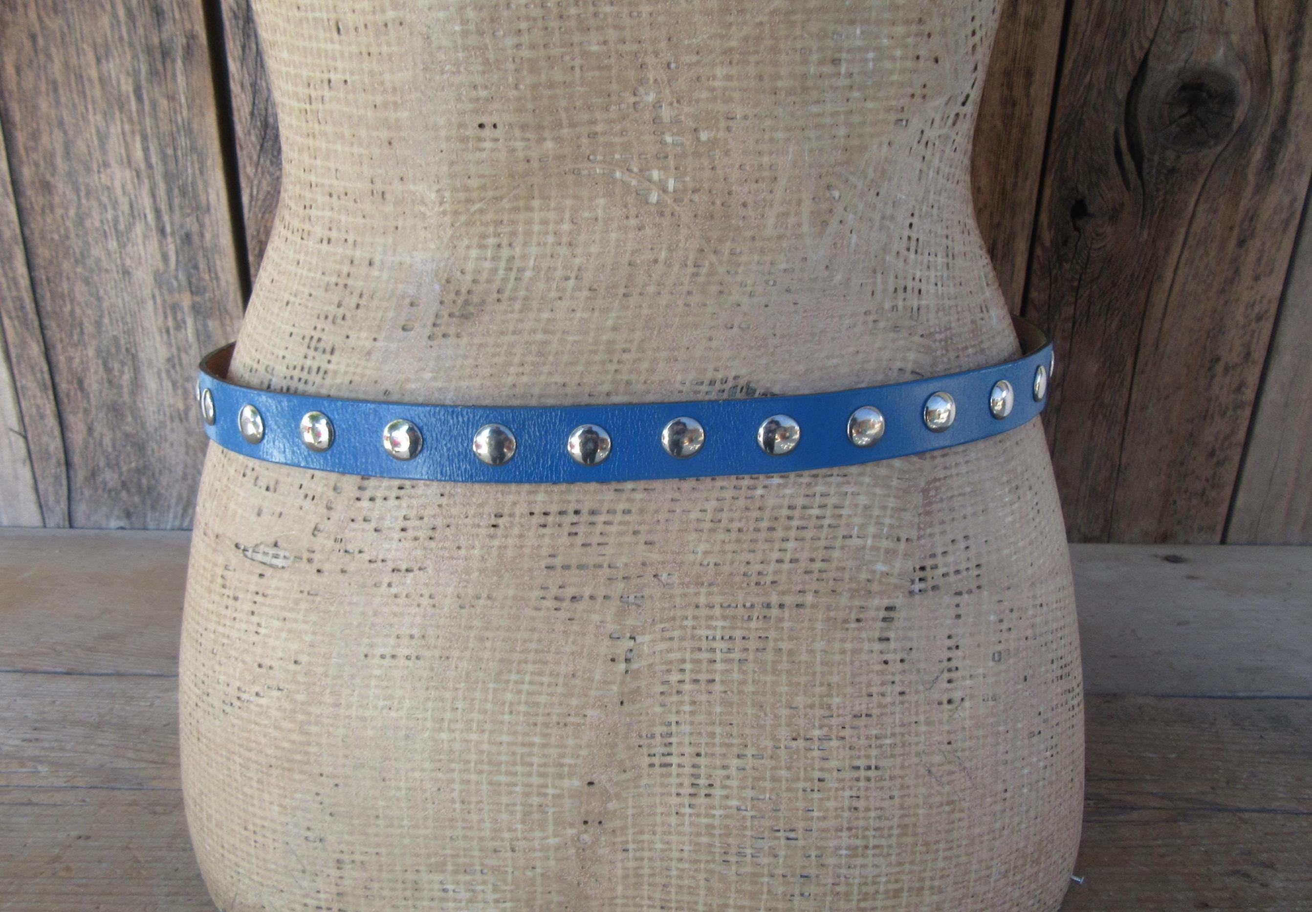 80s Blue Studded Skinny Leather Belt - 34 Inch - Etsy