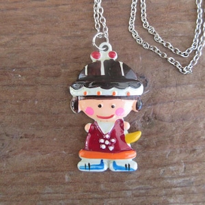 Vintage 70s Enameled Girl Pendant Necklace: Silver Tone Chain, Kids Around The World