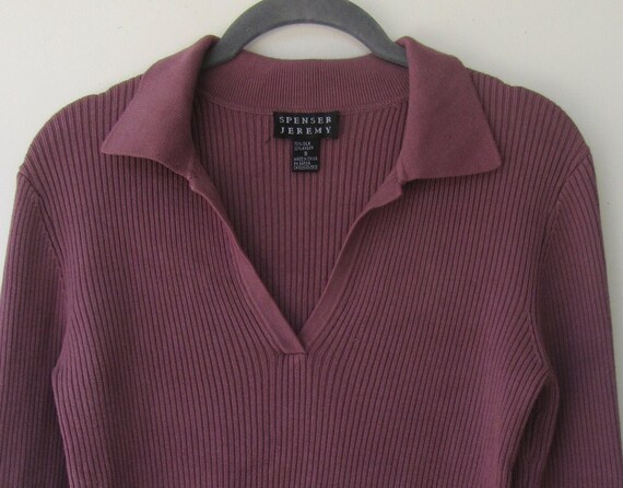 90's Purple Long Sleeve V-Neck Ribbed Knit Sweate… - image 3