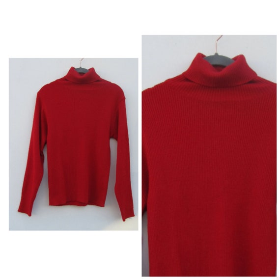 70s Red Long Sleeve Turtleneck Pullover Knit Swea… - image 1