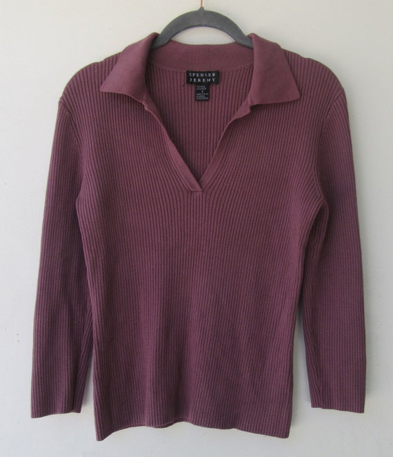 90's Purple Long Sleeve V-Neck Ribbed Knit Sweate… - image 2