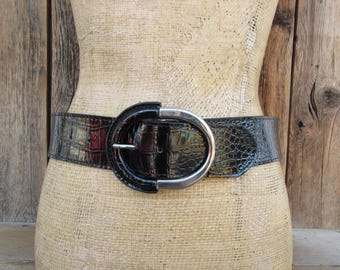90s Wide Black Croc Embossed Belt: Silver Buckle, Vegan Leather, Size Small