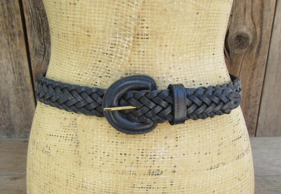 90s Navy Blue Woven Leather Skinny Belt: Covered Buckle, Small Medium View 2