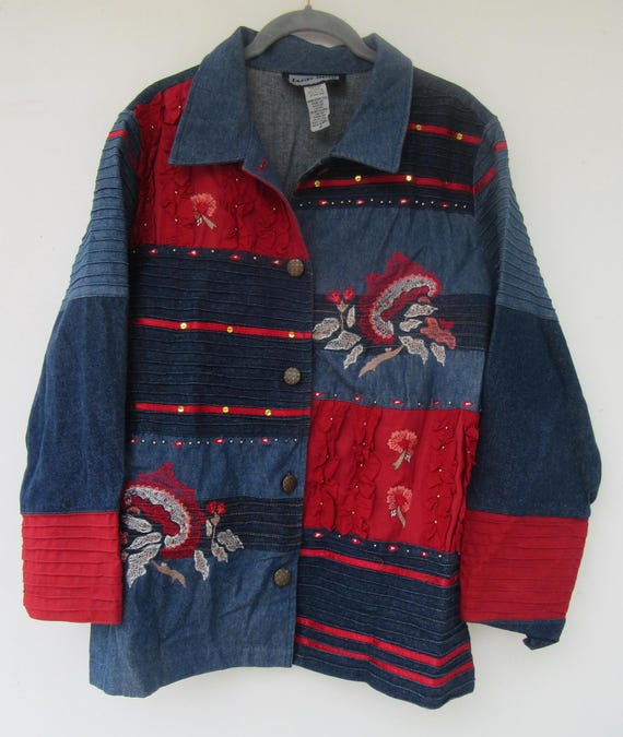 Vintage 90s Denim Patchwork Jacket: Embroidered I… - image 2