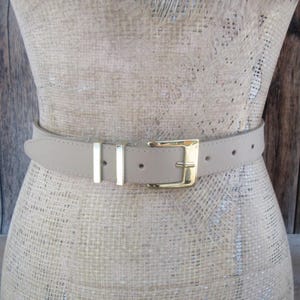 90s Taupe Skinny Leather Belt: Gold Tone Buckle, 42&quot;