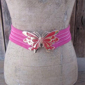80s Pink Stretch Belt: Butterfly Buckle Clasp, Fits 32-36&quot;