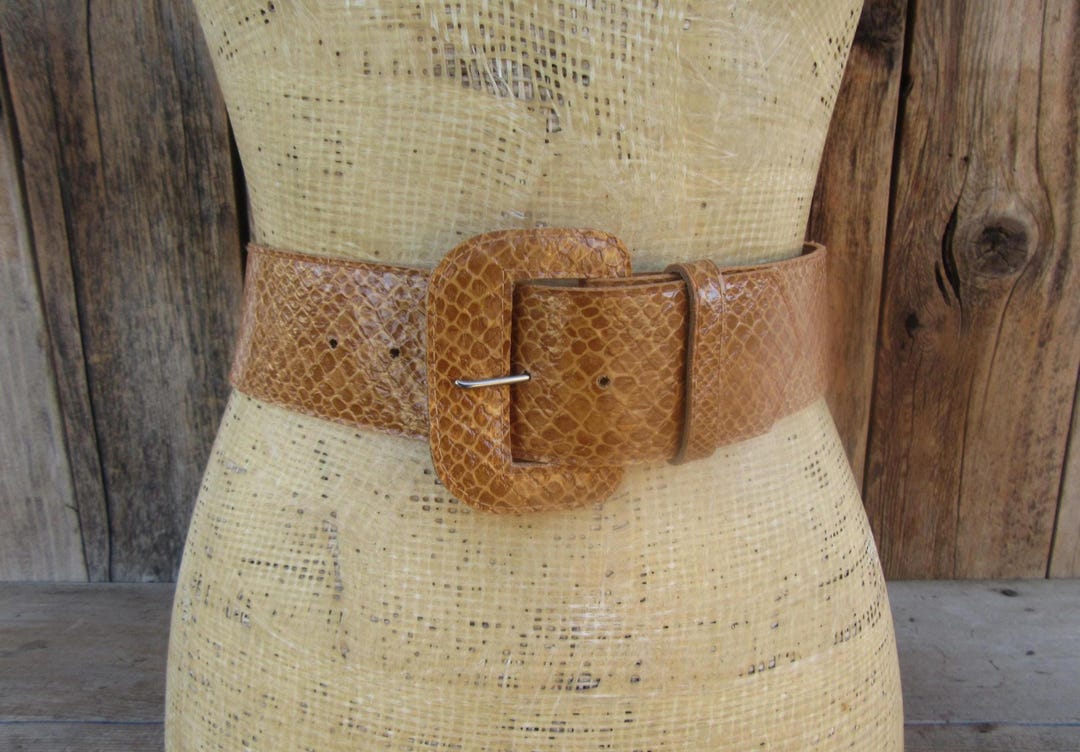 80s Brown Snake Embossed Leather Wide Belt, Covered Buckle  display picture 3