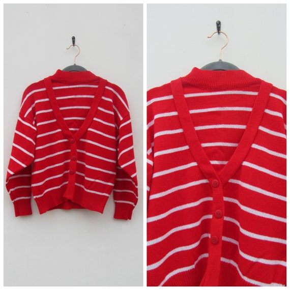 80's Red & White Striped Long Sleeve Mock Neck Pu… - image 1