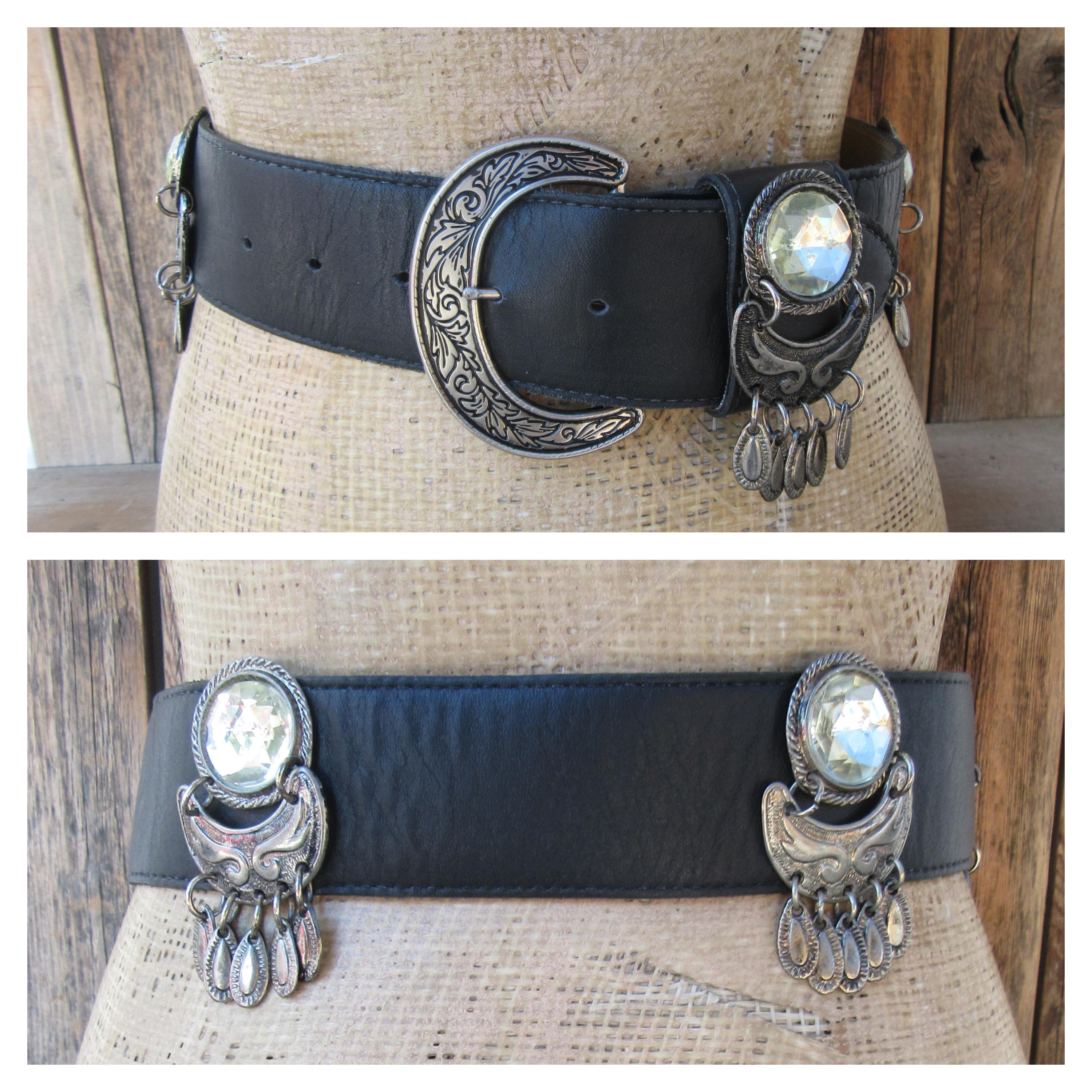 90s Vegan Leather Concho Belt: Rhinestone Buckle, Antique Silver