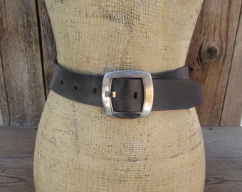 90s Calvin Klein Black Distressed Leather Belt : Silver Tone Buckle, XL