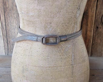 Vintage Metallic Gold Skinny Belt: 80s Leather Slide Buckle