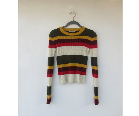 90's Striped Long Sleeve Pullover Stretch Knit Sw… - image 1