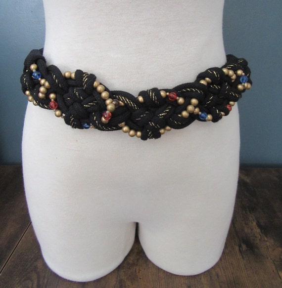 80's Black & Gold Braided Rope and Bead Belt | St… - image 2