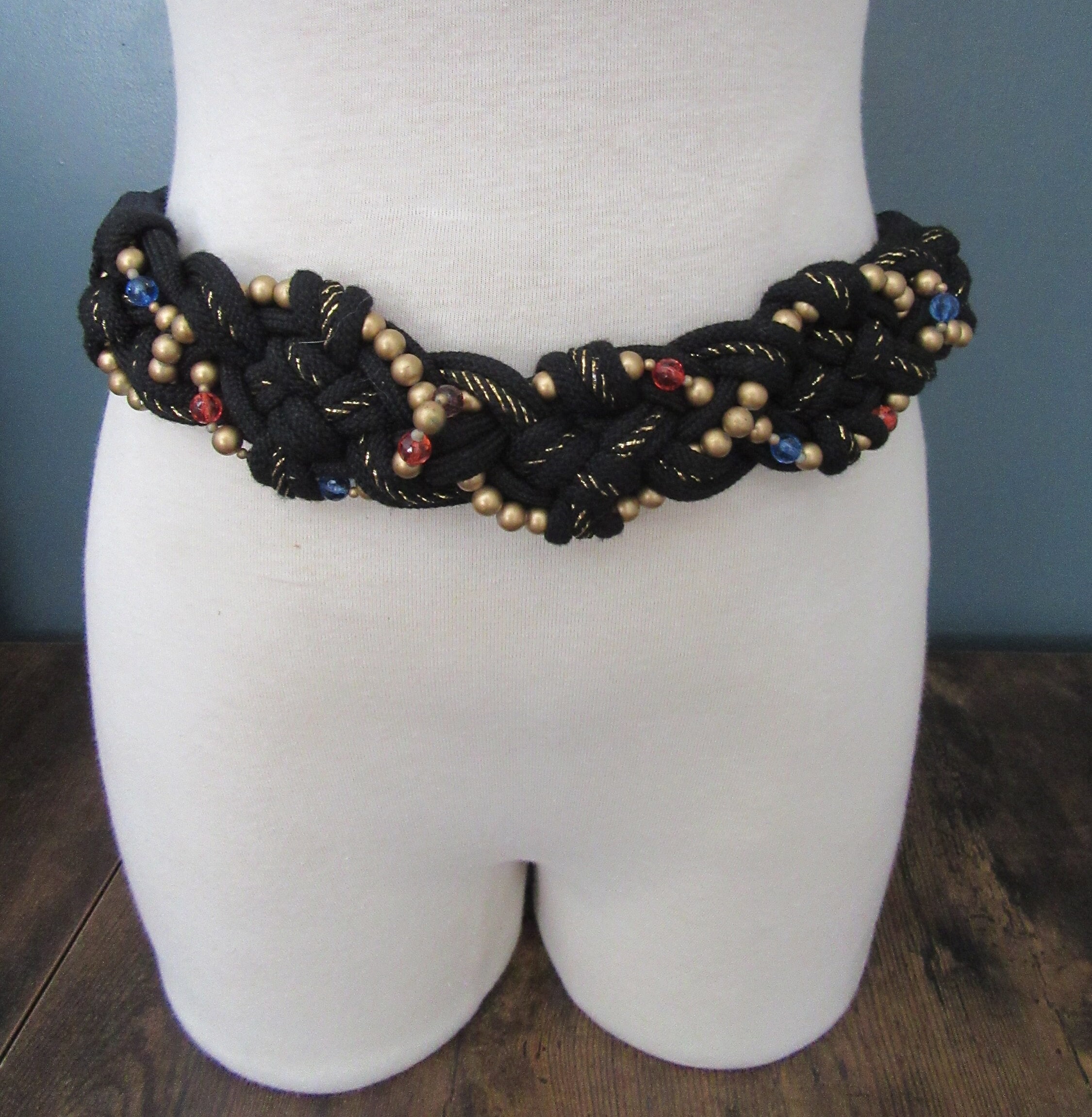 80s Black & Gold Braided Rope Belt: Vintage Stretch Hook  display picture 1