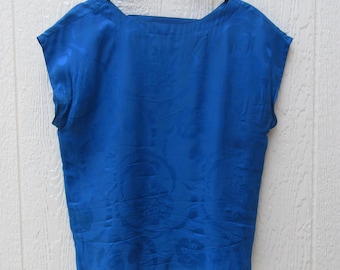 Blauwe mouwloze zijden top met blauwe bloemenjacquard uit de jaren 90: maat 8 medium