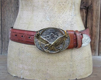 Vintage Women\'s USA Patriotic Eagle Leather Belt Size 36 Handmade Mexico Vintage Hand Tooled Painted Leather Belt Size 40 Mexico Made  main image 2