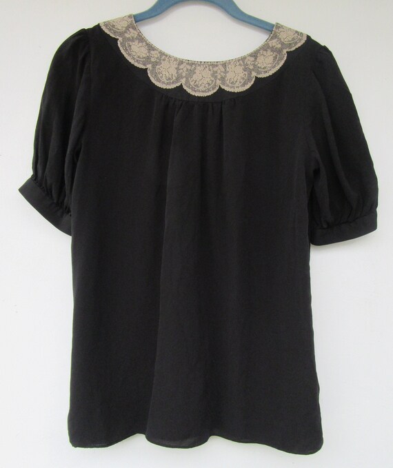 Vintage 90's Silk Lace Collar Sheer Black Top | S… - image 4