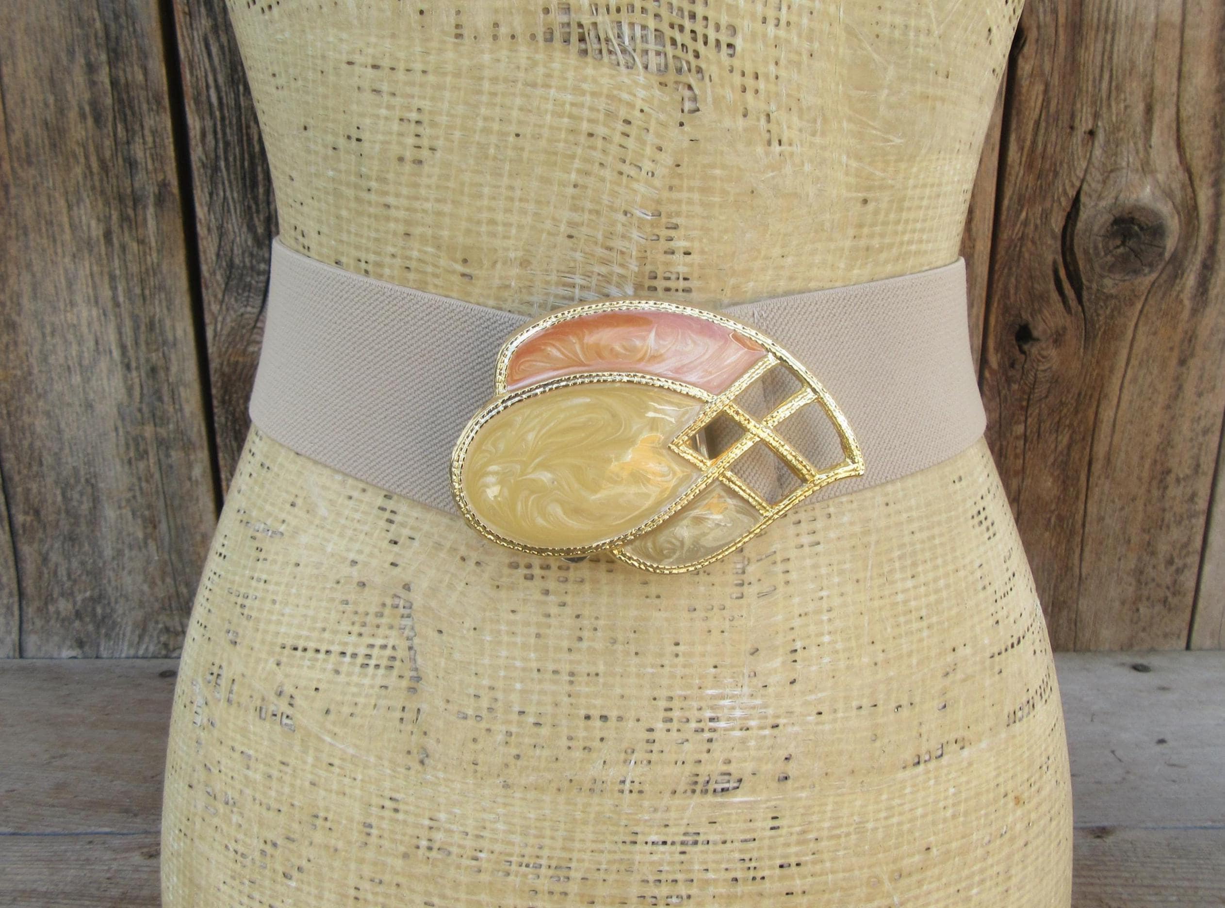 Vintage Cream Stretch Belt with Gold Enamel Buckle Gold Elastic Vintage Belts for sale | eBay main image 2