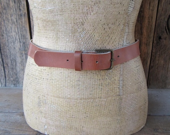 90s Cognac Skinny Leather Belt: Brass Buckle, Fits 27-31 inch Waist