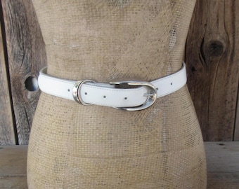 90s White Leather Skinny Belt: Silver Buckle, Minimalist Style